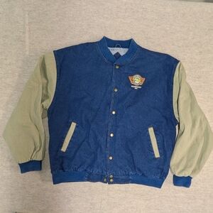 Vintage Denim Cotton Bomber Jacket Blue & Tan Total Cost Car Enthusist Size XL